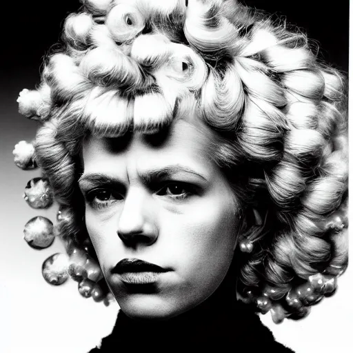 Image similar to symmetrical human portrait of lisa simpson with pearls and with blonde curly hair, grainy high contrast black and white photography photo print ilford warm tone