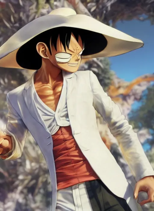 Image similar to a professional render of luffy wearing a white suit, calm face, concept art, sharp detail, smooth render, art style by Ruan Jia and Mandy Jurgens and Ian Spriggs and William-Adolphe Bouguerea