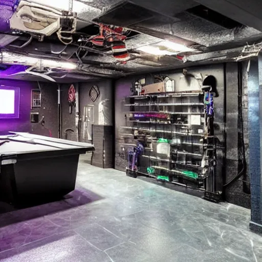 Prompt: a cyberpunk themed basement