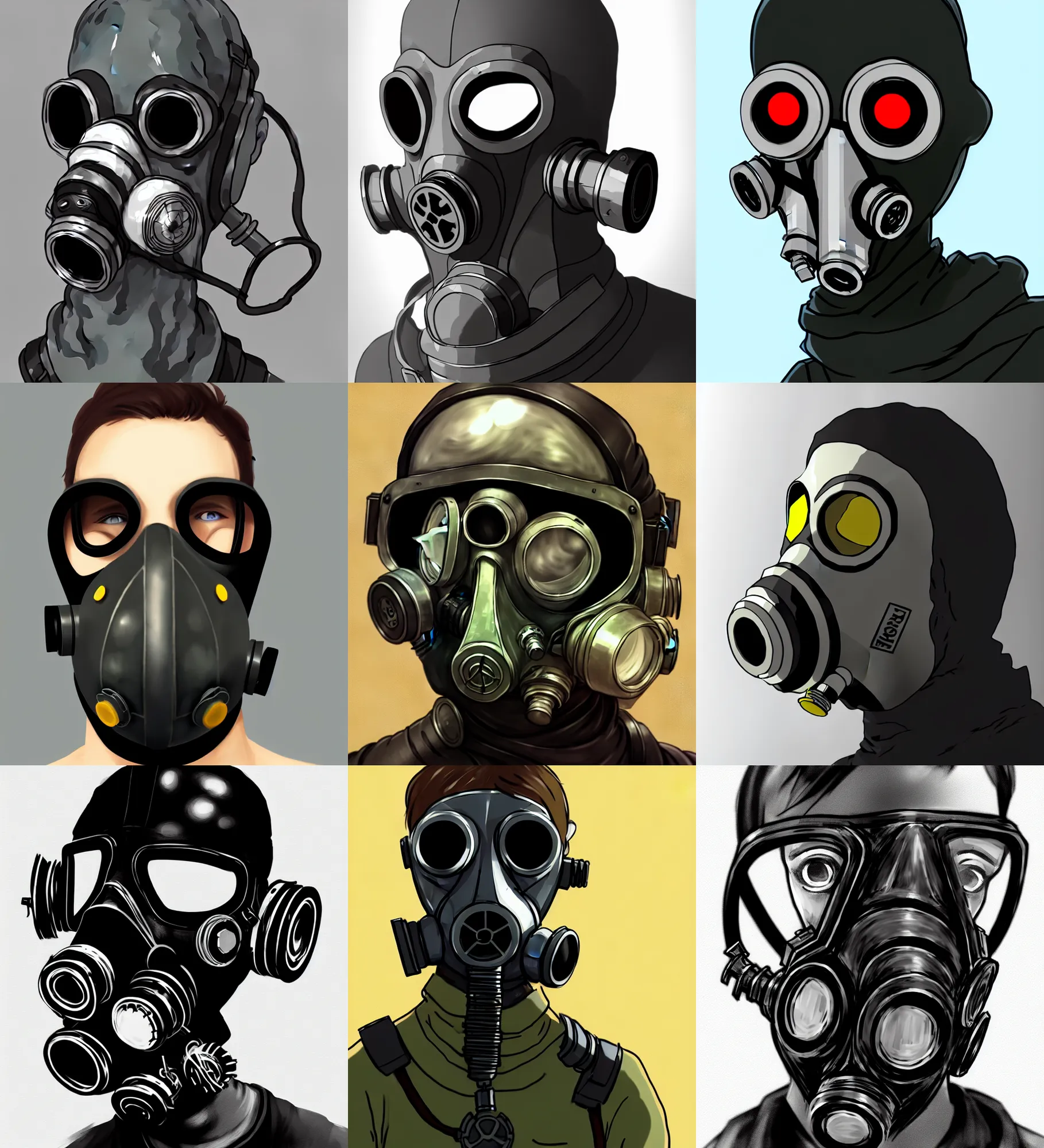 Prompt: the gasmask sticks on human's face as a whole. concept art, pixiv, trending on artstation