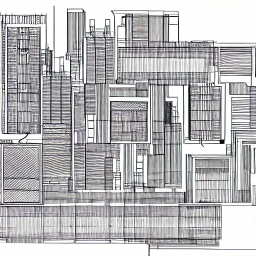 Prompt: exploded axon schematic drawing of a typical city block, in drawing style of peter eisenman