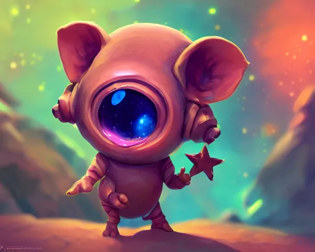 Image similar to 3D Fantasy Cute and adorable small alien piggy in space, huge adorable eyes, bright stars, Smooth 3D Illustration, soft render, Servando Lupini, Daniil Kudriavtsev, handpaint texture, Blender, 3DCoat