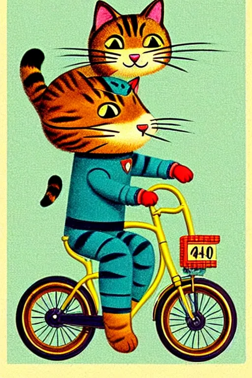 Image similar to by richard scarry. a cat riding a bike. a 1 9 5 0 s retro illustration. muted colors, detailed