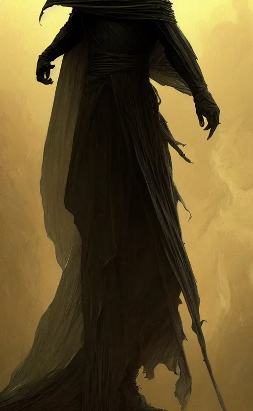 Prompt: Thin roguish man wearing a black cloak made of very thousands of thin strips of cloth that decay into mist, fantasy, highly detailed, digital painting, artstation, concept art, smooth, sharp focus, illustration, art by artgerm and greg rutkowski and alphonse mucha
