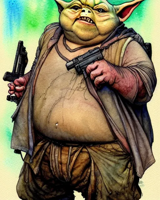 Image similar to a realistic and atmospheric watercolour fantasy character concept art portrait of a fat adorable dirty chibi yoda wearing a wife beater and holding a handgun, by rebecca guay, michael kaluta, charles vess and jean moebius giraud