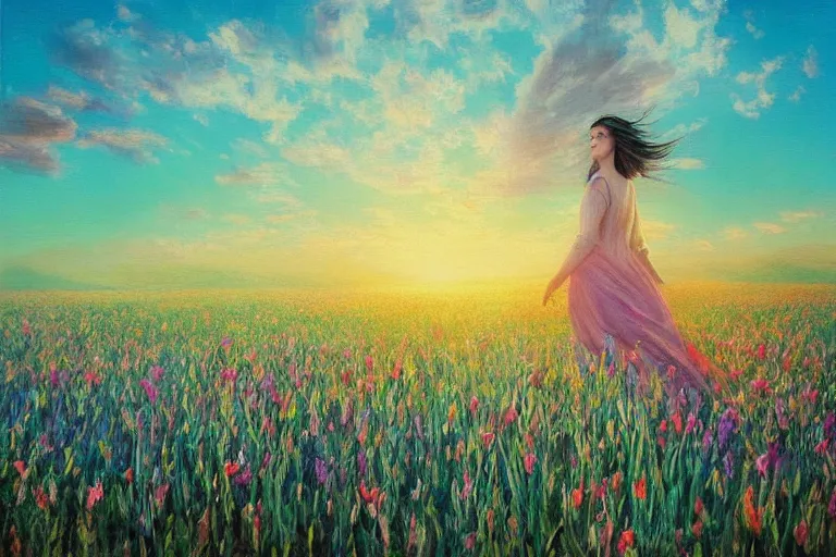 Image similar to giant gladiola head, girl walking in field of flowers, surreal photography, sunrise, blue sky, dramatic light, impressionist painting, digital painting, artstation, simon stalenhag