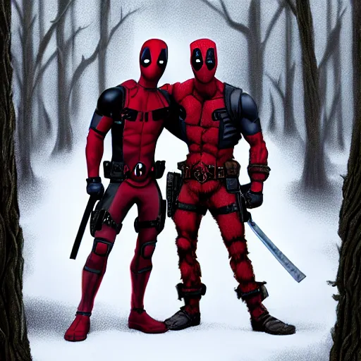 Image similar to deadpool and groot in the woods playing digital art 4 k detailed