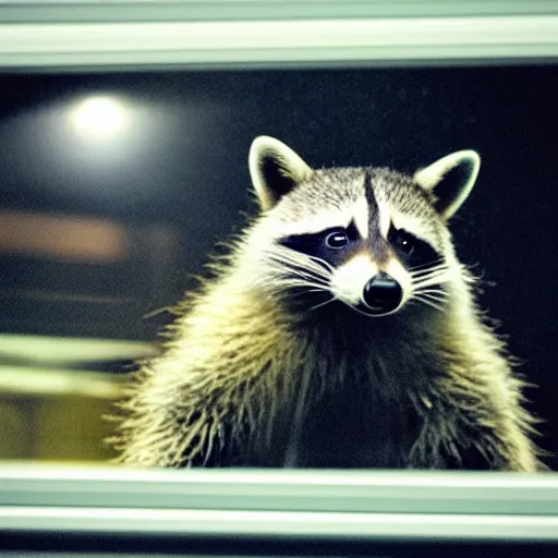 Prompt: a photo of a raccoon wearing an astronaut helmet, looking out of the window at night.