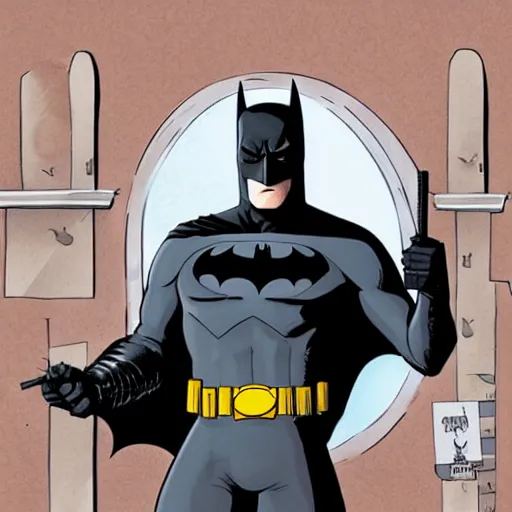 Prompt: batman, from the tv show, wearing a batsuit, holding a batarang, on a rooftop, by bruce wayne, in a comic book style, by emika lightweaver