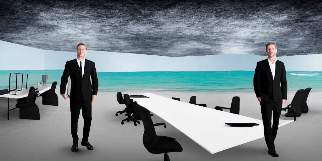 Image similar to full body portrait, white man in black suit surfs in office, ocean wave, furniture around, business surrounding, dslr, insane details, hyper reallistic, 8 k,, ultra clear detail, hdr, textured, award winning, professional photography