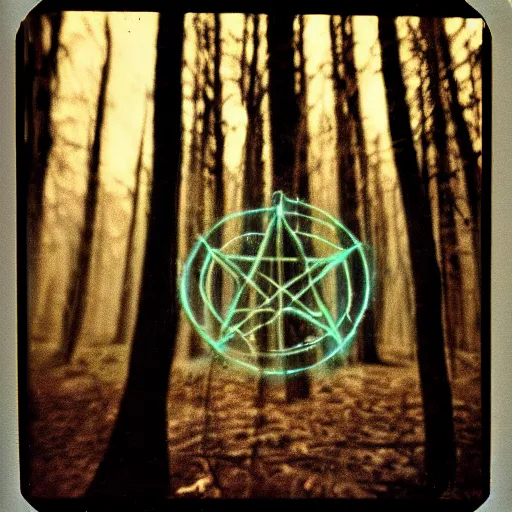 Image similar to glowing pentagram in a forest clearing at night, old polaroid, expired film, blurry, lost footage, found footage, creepy,