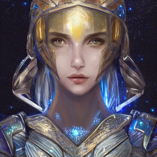 Image similar to portrait knights of Zodiac girl, white and metalic blue color reflected armor, in ruined Agora of Athens Moon night and firefly and star sparkles, ssci-fi, fantasy, intricate, very very beautiful, elegant, golden light, highly detailed, digital painting, artstation, concept art, smooth, sharp focus, illustration, art by tian zi and WLOP and alphonse mucha