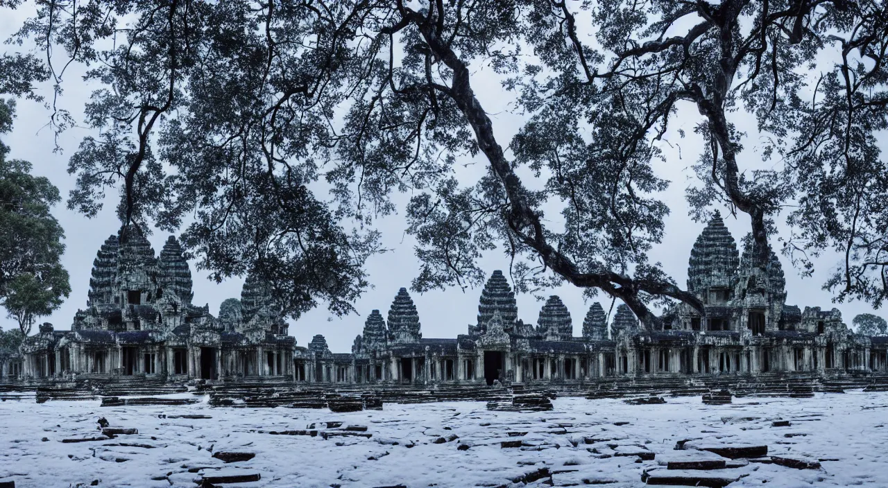 Prompt: Angkor Wat ruins covered in snow, dramatic dawn cinematic lighting, hyper photorealistic, close detail, interior,