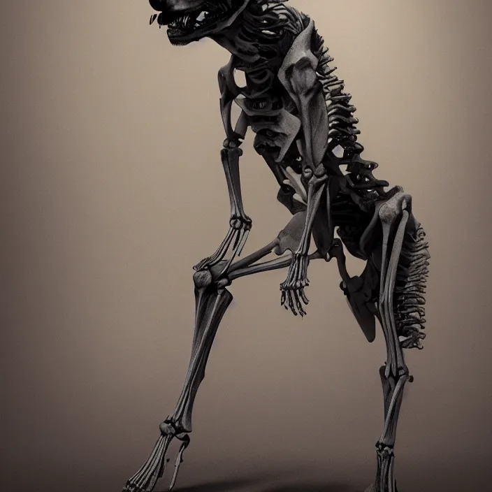 Image similar to belgian malinois, skeleton. intricate artwork. by Tooth Wu, wlop, beeple, dan mumford. octane render, trending on artstation, greg rutkowski, very coherent symmetrical artwork. cinematic, hyper realism, high detail, octane render, 8k, iridescent accents, deep blacks