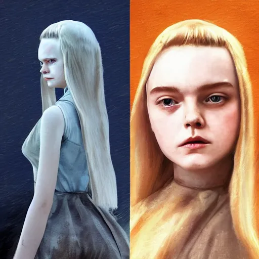 Image similar to Elle Fanning in the painted world of Dark Souls, head and shoulders masterpiece, apocalypse, golden hour, cosmic horror, artstation, in the style of De Stijl, extremely detailed