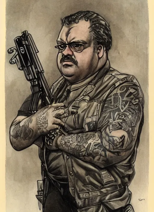Prompt: gk chesterton as a buff mercenary with tattoos and a shotgun. portrait by james gurney.