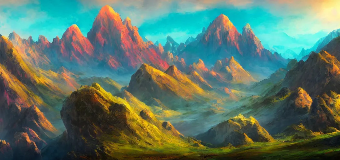 Image similar to vast mountain landscape, craggy mountains, magic the gathering, three - colors, three - color color palette, panoramic, wide angle, horizon, highly detailed