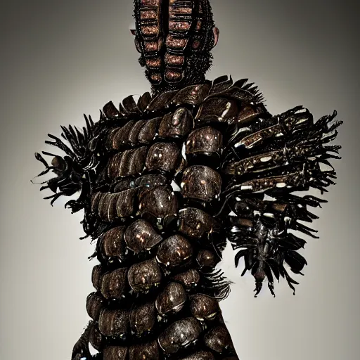 Prompt: a portrait of a beautiful young male wearing an alexander mcqueen armor made of insects , photographed by andrew thomas huang, artistic