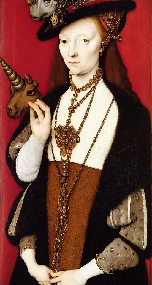 Image similar to painted portrait of a beautiful woman with a unicorn, 1 6 th century, hans holbein the younger, jan van eyck, gerit dou,