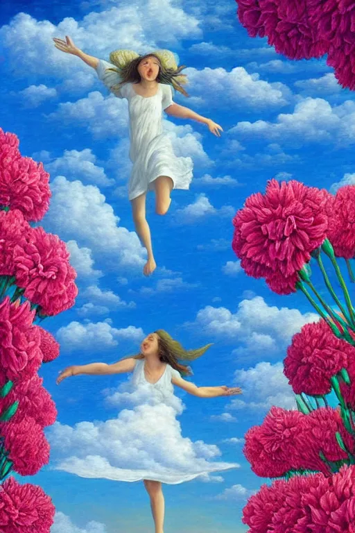 Prompt: closeup, giant carnation flower head, woman falling through clouds in sky, surreal, impressionist painting, digital painting, artstation, rob gonsalves