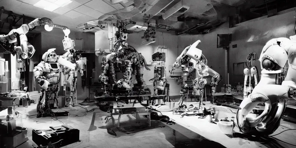 Image similar to a futuristic film studio with robot technicians preparing a scene with frightened human beings by Stanley kubrick, sci-fi, color vibe, reimagined by industrial light and magic