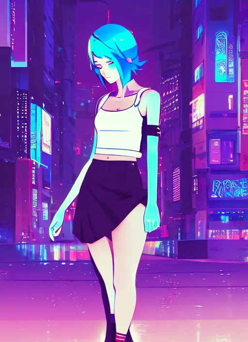 Image similar to digital illustration of cyberpunk pretty girl with blue hair, wearing a crop top and a skirt, full body pose, in city street at night, by makoto shinkai, ilya kuvshinov, lois van baarle, rossdraws, basquiat