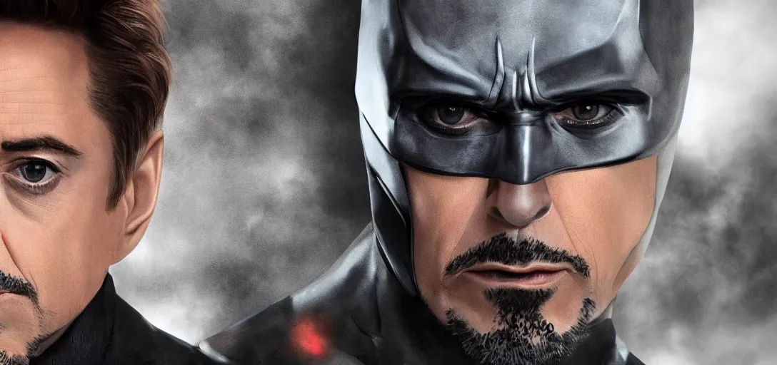 Image similar to robert downey jr in batman suit, portrait hd, without helmets 4 k, clear face,