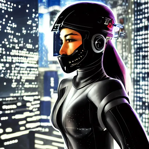 Prompt: A comic book style portrait painting of a warrior girl wearing black & cyber suit, fighting on rooftop Tokyo cyberpunk feel night, rpg portrait, dramatic light, rim light, unreal engine render, octane render, hyperrealistic