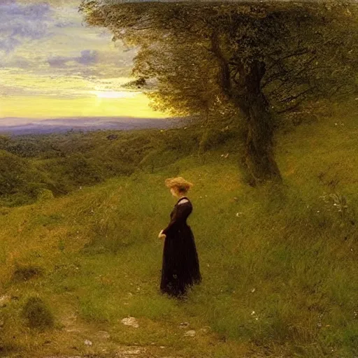 Image similar to Wanderer looking at a lush valley, distant forest, sunset, sunrays, masterful painting by John Everette Millais