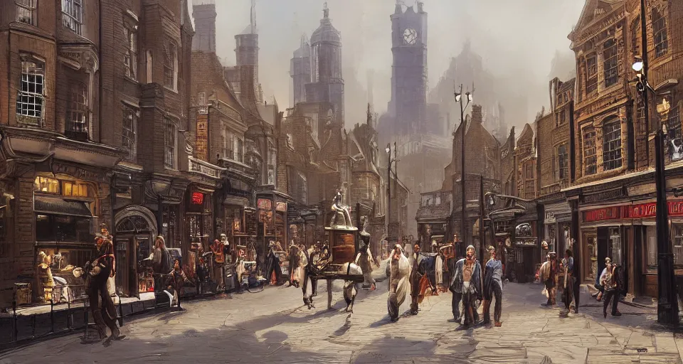 Image similar to victorian london, street scene, street level, whitechapel, digital painting by earl norem, hyperdetailed, artstation, cgsociety, 8 k