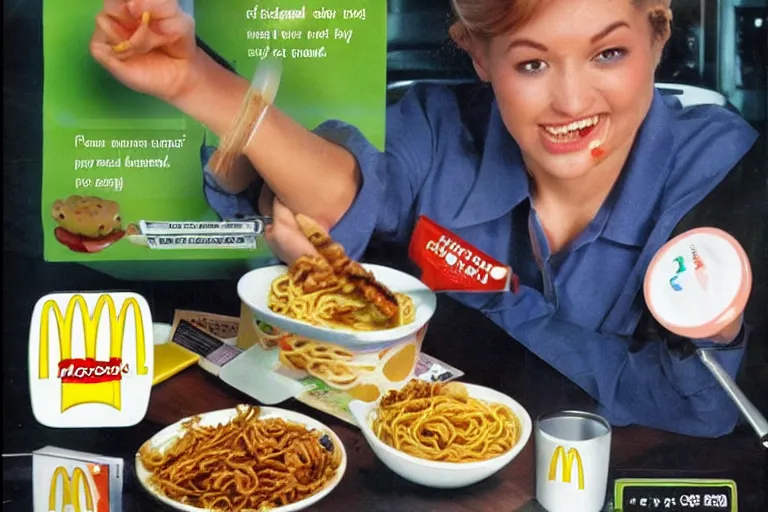 Image similar to mcdonald's fried slugs and crickets served with noodles meal, in 1 9 9 5, y 2 k cybercore, advertisement photo