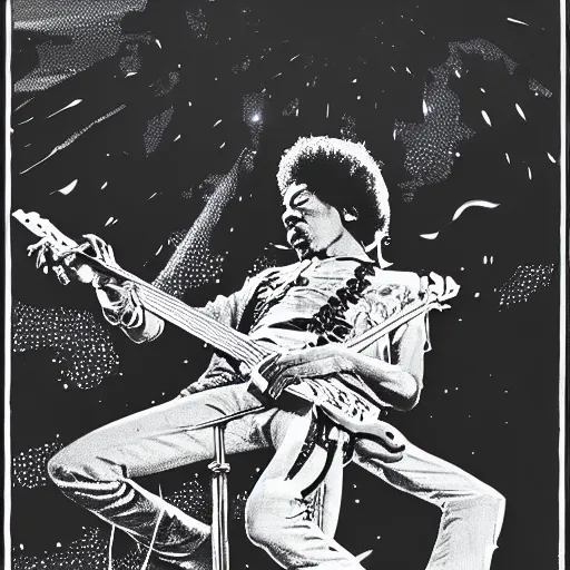 Prompt: Jimi Hendrix sitting on the rings of Saturn playing his electric guitar by Moebius