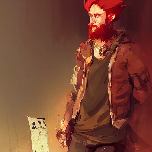 Image similar to human male character art, by Ismail Inceoglu, red hair, red beard, sunken eyes, shabby leather clothes, necklace, digital art, dungeons and dragons, art