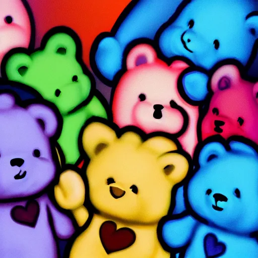 Image similar to care bears with bloody knife, digital art, rich deep colors, smooth shadows, high resolution, cinematic