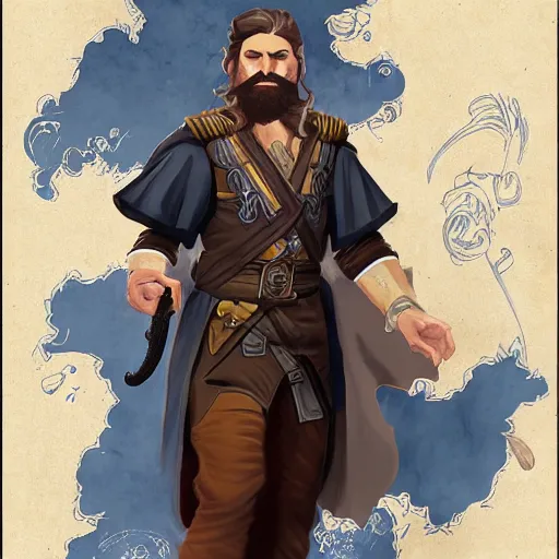 Image similar to Young bearded Tarski Fiume, half-elf Time Wizard, iconic character art by Wayne Reynolds for Paizo Pathfinder RPG