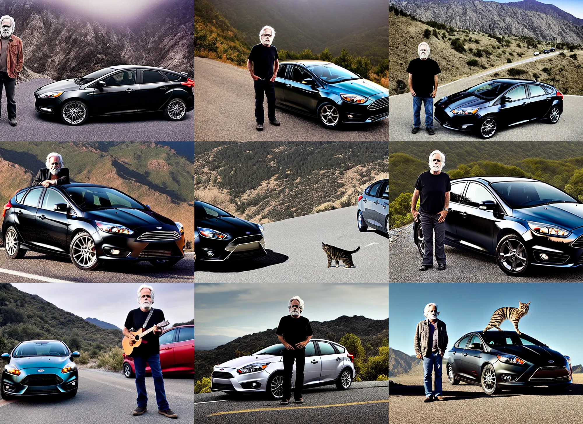 Prompt: bob weir standing in front of a black 2 0 1 6 ford focus hatchback with a tabby on the roof : : on a winding mountain road