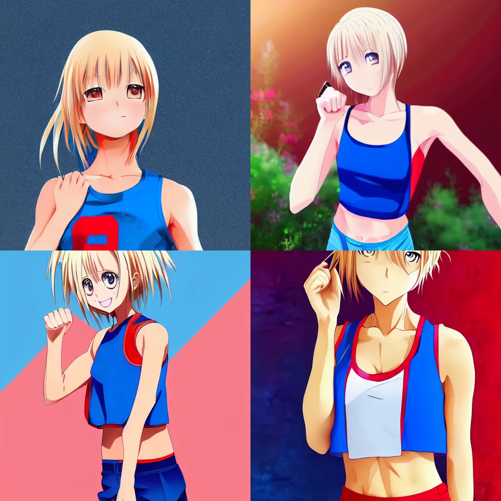 Prompt: Photorealistic anime, digital art, a short athletic blonde girl, happy and spirited expression, medium shot, red tank top and wide blue pants