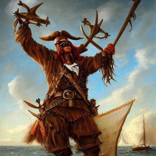 Image similar to anthropomorphic moose pirate humanoid by johan grenier, pirate ship, sea, fantasy