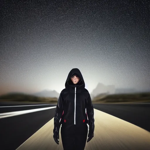Prompt: photograph of a techwear woman, closeup, on a desert road with a futuristic city in the horizon, one point perspective, long exposure, sigma 85mm f/1.4, 4k, depth of field, high resolution, 4k, 8k, hd, full color