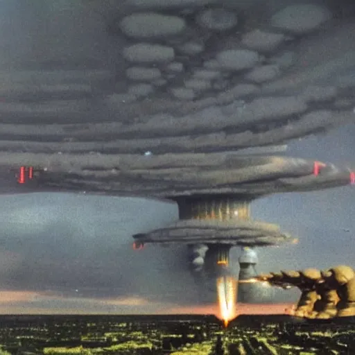 Prompt: Artificial superintelligences watching nuclear war for fun, ultra advanced robots, mushroom clouds, grandstands filled with AI constructs, nuclear explosion in the distance