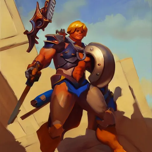 Image similar to greg manchess portrait painting of he - man as overwatch character, medium shot, asymmetrical, profile picture, organic painting, sunny day, matte painting, bold shapes, hard edges, street art, trending on artstation, by huang guangjian and gil elvgren and sachin teng