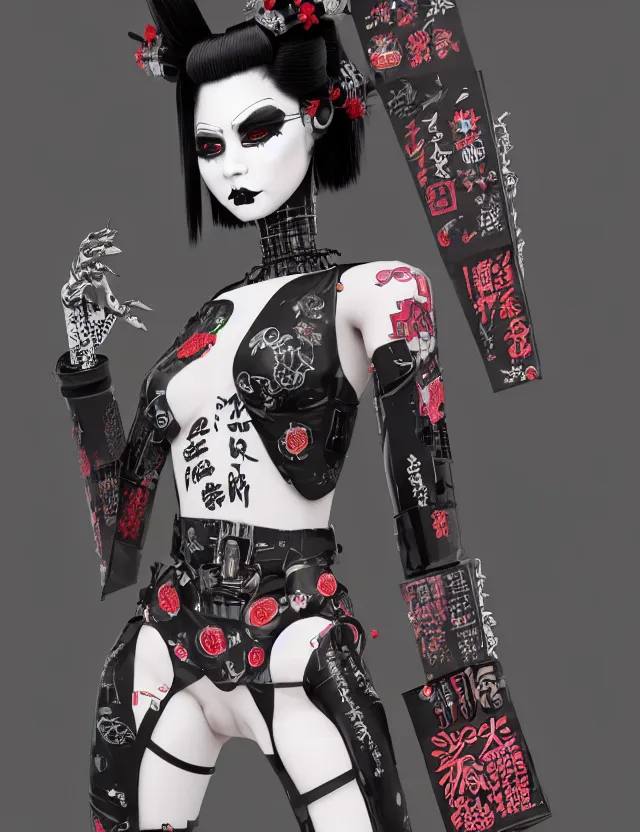 Image similar to full body portrait of a gothic style punk geisha robot with kanji tattoos and decals wearing a digital pixelated kimono, intricate design, photo - realistic, octane render, dark colour palette, ultra fine detailed, character design, trending on artstation