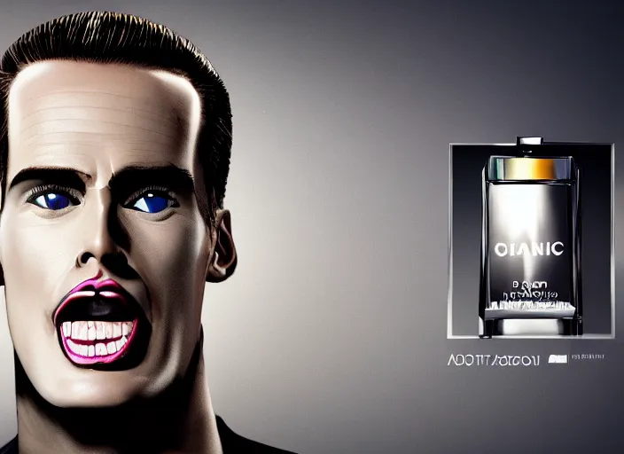 Prompt: Max Headroom in a Perfume advertisement, magical, science fiction, symmetrical face, large eyes, Chanel, Calvin Klein, Burberry, Versace, Gucci, Dior, hyper realistic, digital art, octane render, trending on artstation, artstationHD, artstationHQ, unreal engine, 4k, 8k