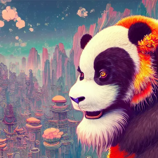 Image similar to a beautiful hyperdetailed character design 4 k wallpaper illustration of a cute panda with a chinese lion dance head victo ngai cyberpunk style, from china, style of studio ghibli, makoto shinkai, raphael lacoste, louis comfort tiffany, artgerm, james jean, ross tran, chinese style