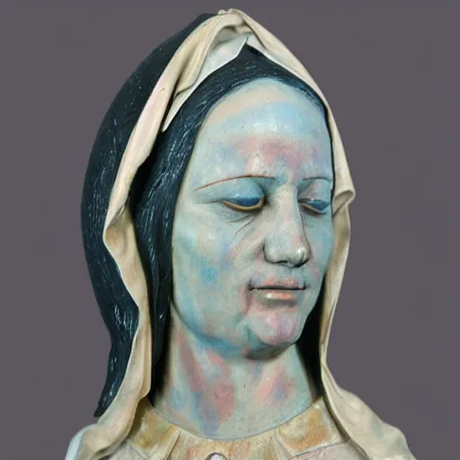Image similar to holy roman chalkware bust of a crying our lady of sorrows antique painted sacred Catholic pearlescent coloring