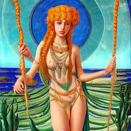 Image similar to sumerian goddess inanna ishtar, ashteroth, techno mystic goddess princess intergalactica, with aqua neon rapunzel dreadlocks, detailed, wearing seashell attire, crystal pathway to atlantis floating on the sea, by sandro botticelli