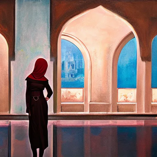 Image similar to beautiful woman, courtyard, capital, mosque interior, reflections, control panel, watcher, omniscient, tech noir, few neon signs, concept art, speed painting, oil on canvas