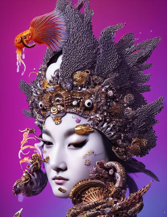 Image similar to 3 d goddess close - up profile portrait with crown, ram skull. beautiful intricately detailed japanese crow kitsune mask and clasical japanese kimono. betta fish, jellyfish phoenix, bio luminescent, plasma, ice, water, wind, creature, artwork by tooth wu and wlop and beeple and greg rutkowski