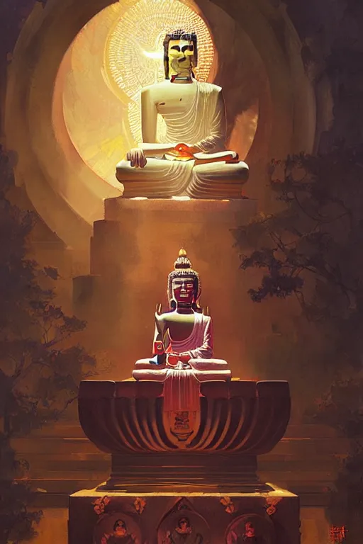 Image similar to temple, buddha, painting by greg rutkowski, j. c. leyendecker, artgerm