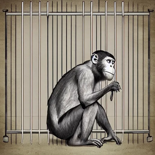 Prompt: monkey at the zoo grabs man's shirt through bars, very very beautiful, trending on artstation